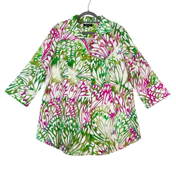 Lafayette 148 Button Up Shirt Women's Sz 16W Green Pink Abstract Colorful - Picture 1 of 6